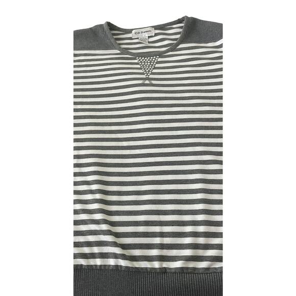 C.D. DANIELS LONG RAGLAN SLV ROUND NECK TOP, WOMENS, 2X, GREY & WHITE STRIPES - Picture 3 of 11